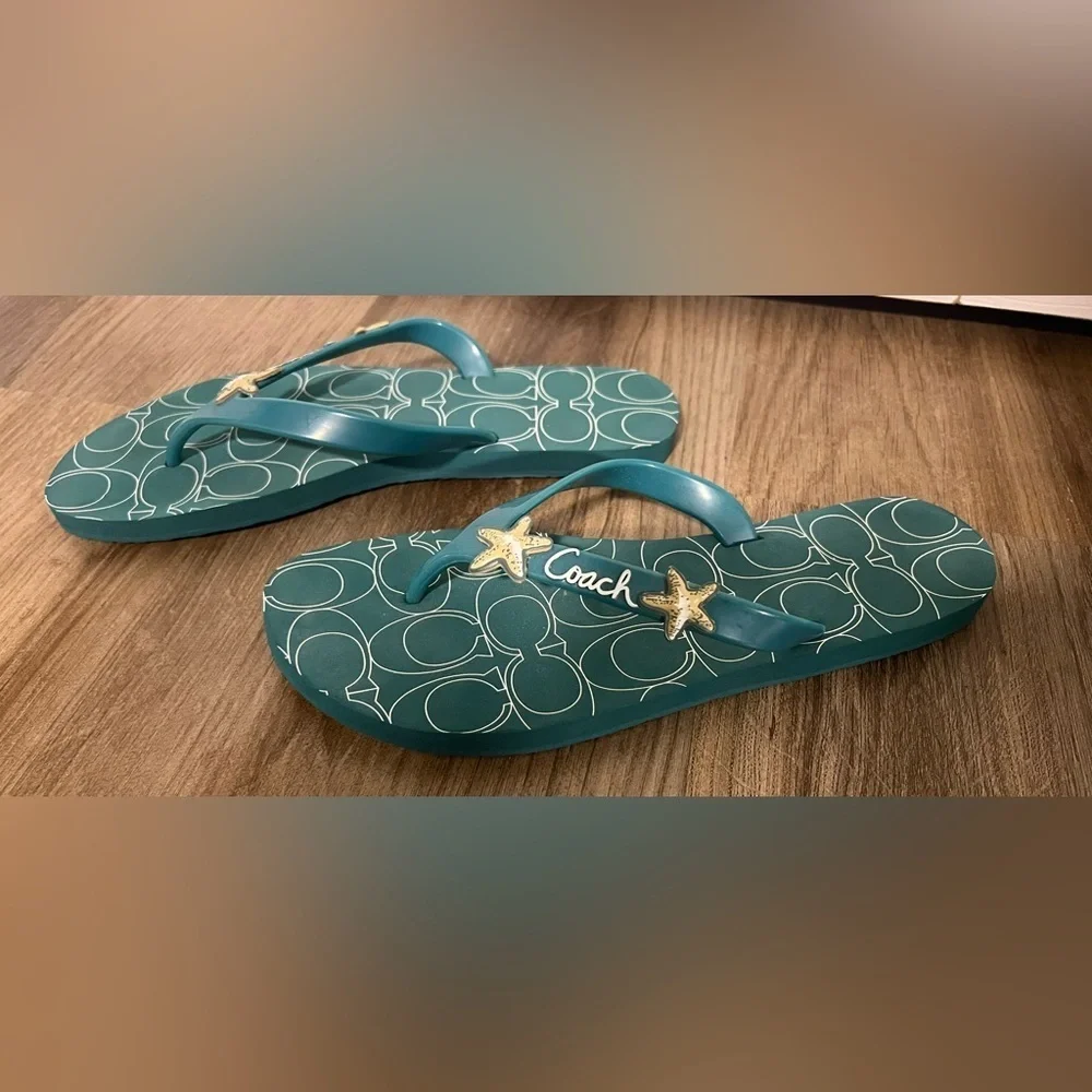 Women's Coach Cortez Flip Flops in Teal With Starfish Embellishments